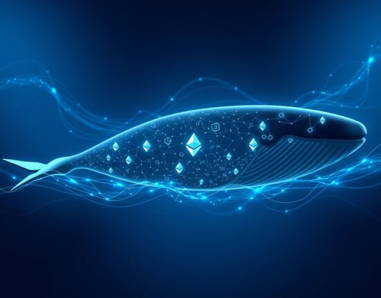 Digital representation of an Ethereum whale transaction moving funds from an exchange to custody.