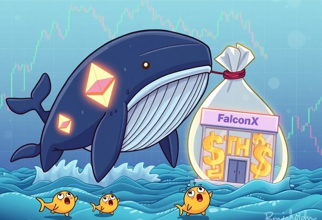Cartoon illustration of a massive Ethereum whale withdrawing funds from FalconX, symbolizing a significant ETH movement.