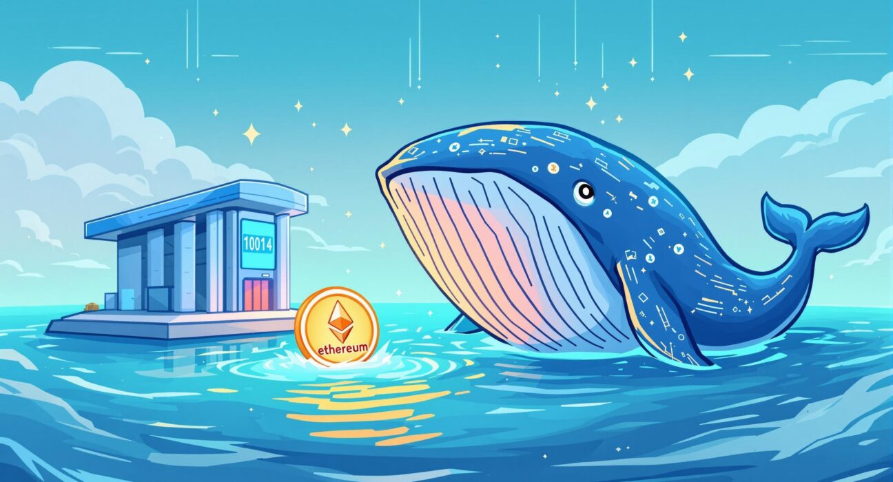 A powerful Ethereum whale gracefully withdrawing a large amount of ETH, symbolizing a strategic holding move.