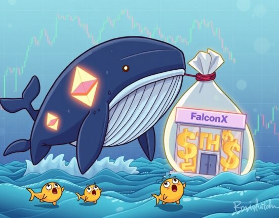 Cartoon illustration of a massive Ethereum whale withdrawing funds from FalconX, symbolizing a significant ETH movement.