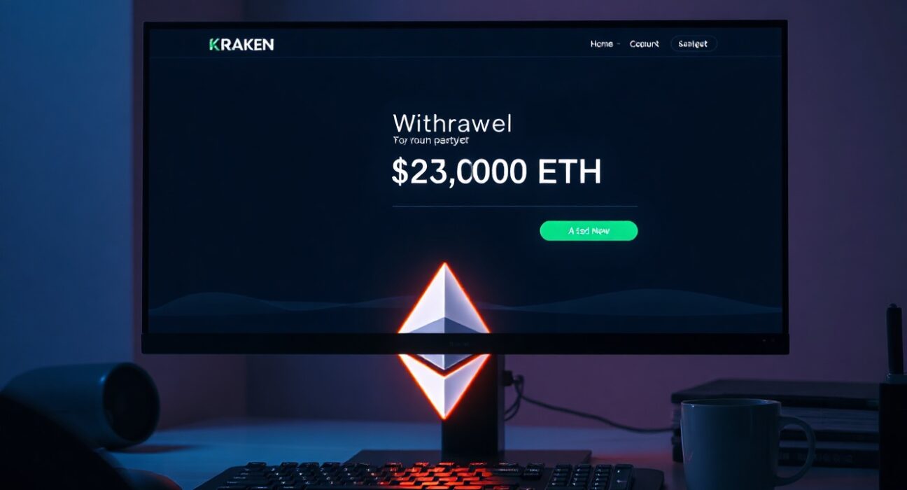 Cryptocurrency trading monitor showing a large Ethereum withdrawal from the Kraken exchange interface.
