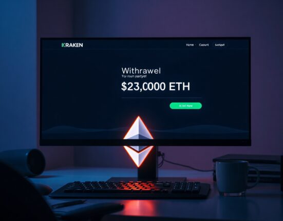 Cryptocurrency trading monitor showing a large Ethereum withdrawal from the Kraken exchange interface.