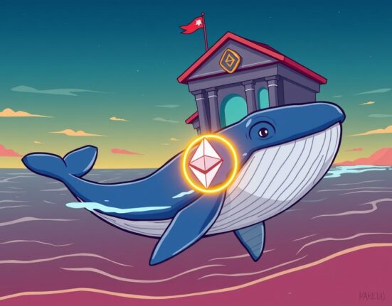 Cartoon illustration depicting a significant Ethereum whale withdrawal from an exchange, signaling long-term crypto holding.