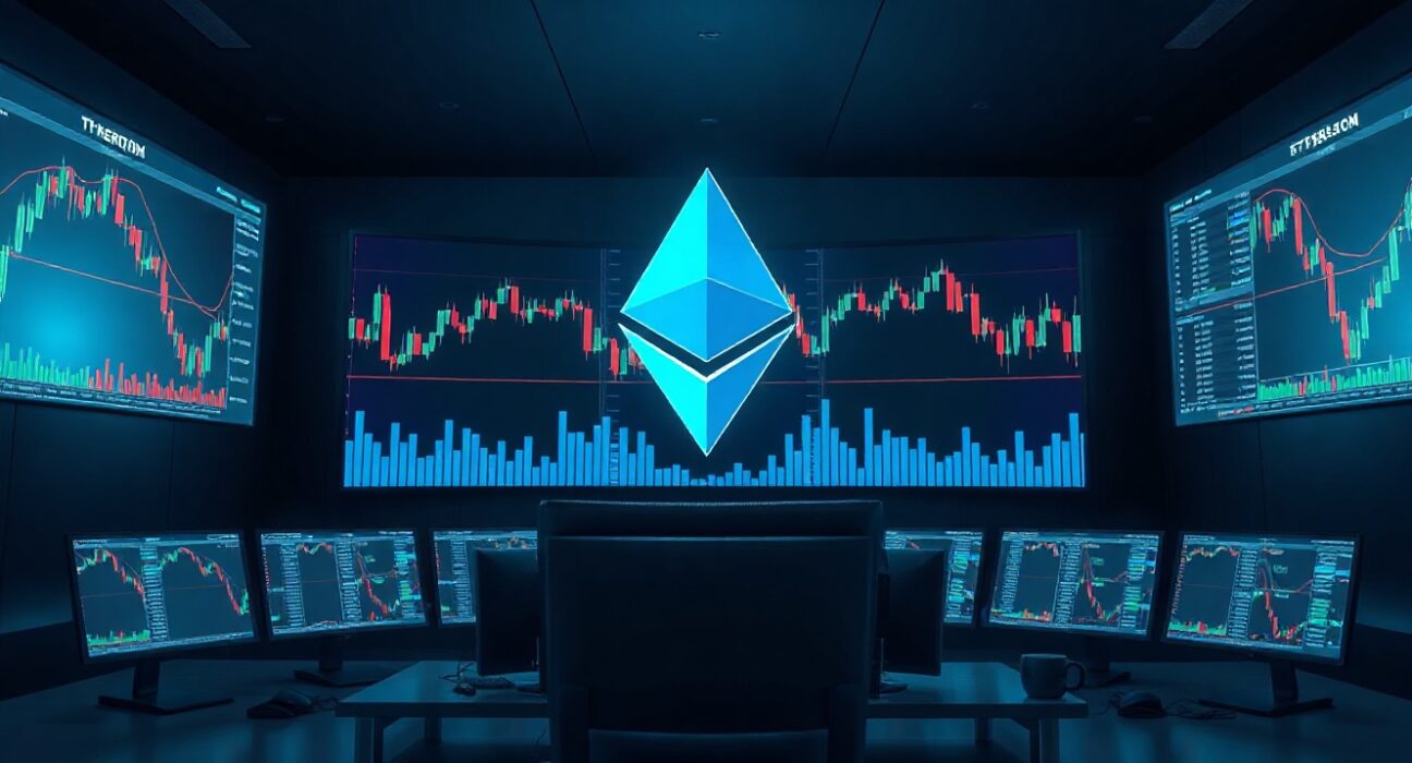 Ethereum symbol on a trading screen in a dark office, symbolizing whale activity and market monitoring.
