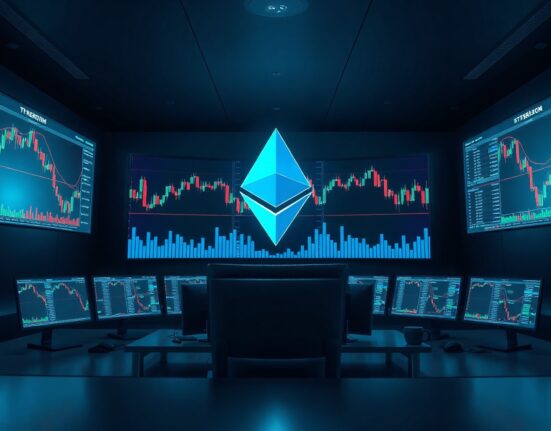 Ethereum symbol on a trading screen in a dark office, symbolizing whale activity and market monitoring.