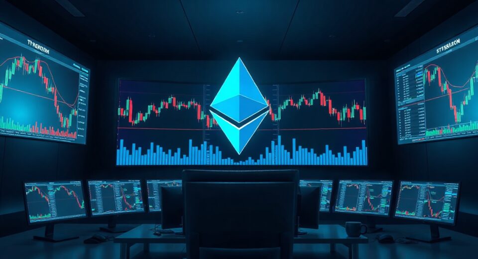 Ethereum symbol on a trading screen in a dark office, symbolizing whale activity and market monitoring.