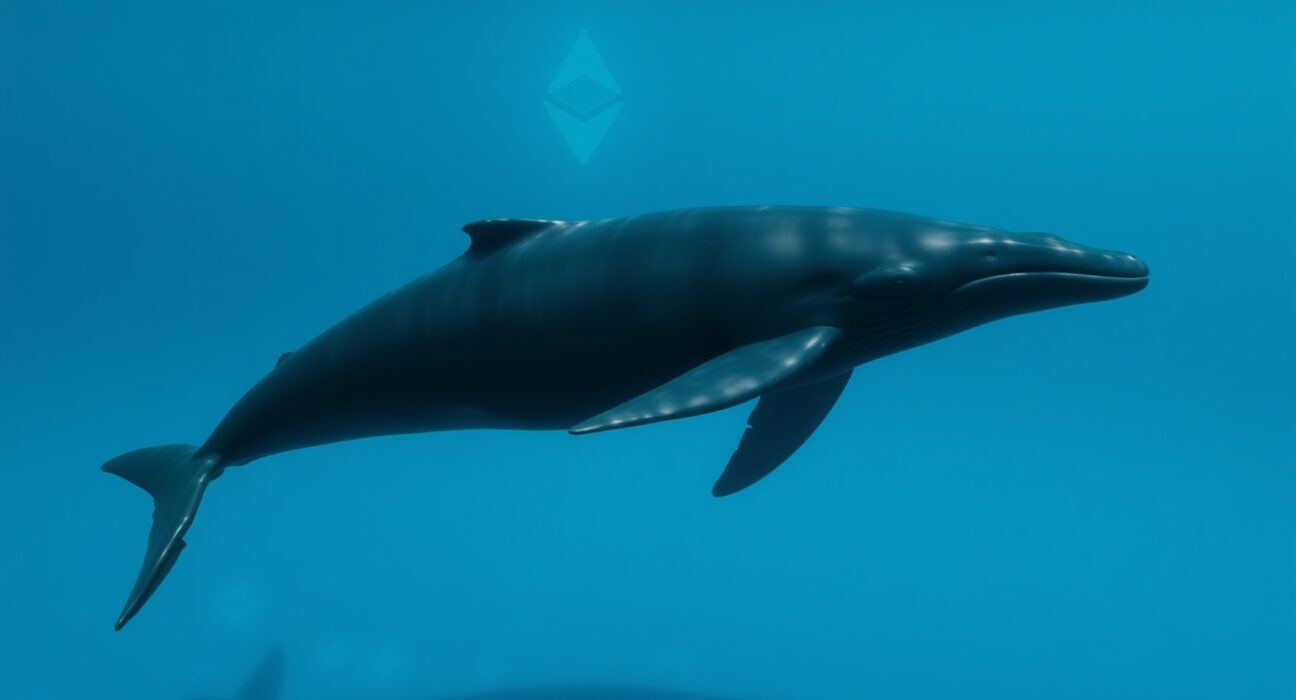 A whale swimming in the ocean with a subtle Ethereum symbol, representing a large ETH accumulation.