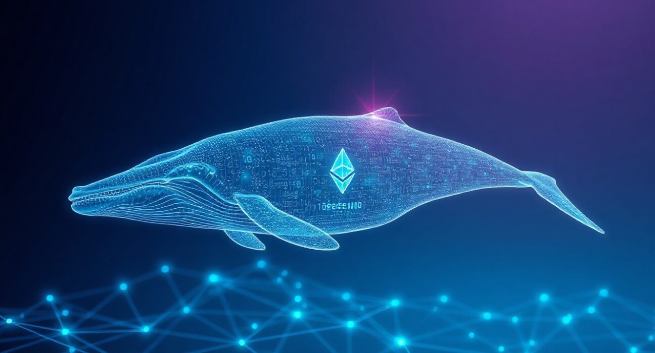 Digital whale swimming through Ethereum blockchain data streams representing whale accumulation