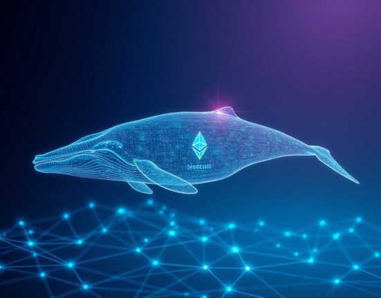Digital whale swimming through Ethereum blockchain data streams representing whale accumulation