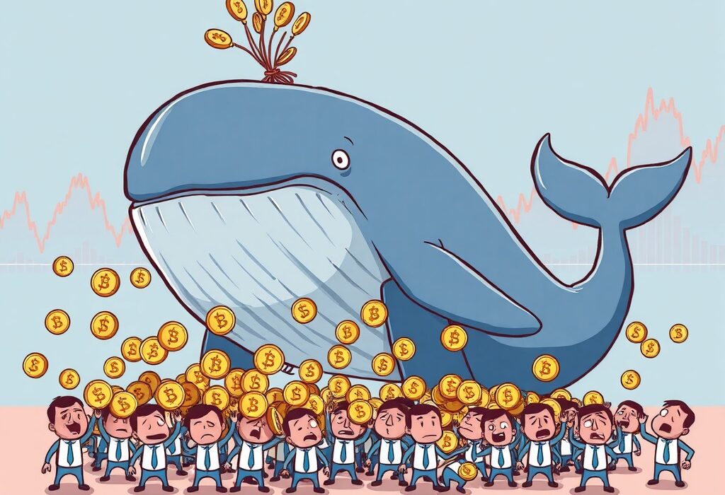 A cartoon illustration showing Ethereum whales calmly collecting ETH from worried retail crypto traders, symbolizing strategic accumulation amidst bearish market sentiment.