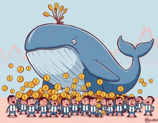 A cartoon illustration showing Ethereum whales calmly collecting ETH from worried retail crypto traders, symbolizing strategic accumulation amidst bearish market sentiment.