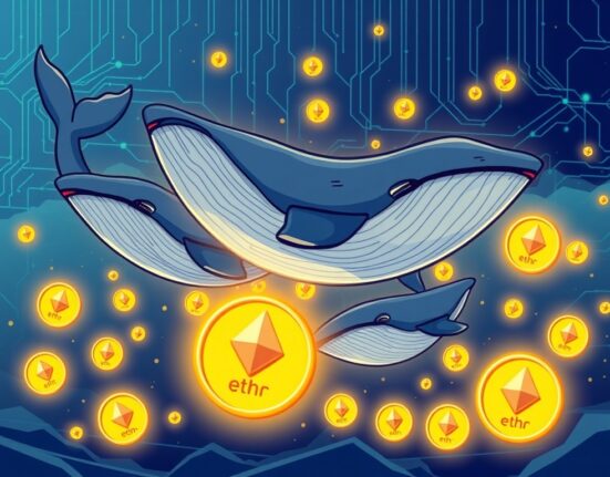 Cartoon illustration of large Ethereum whales accumulating ETH, symbolizing significant market movements and strategic investment.