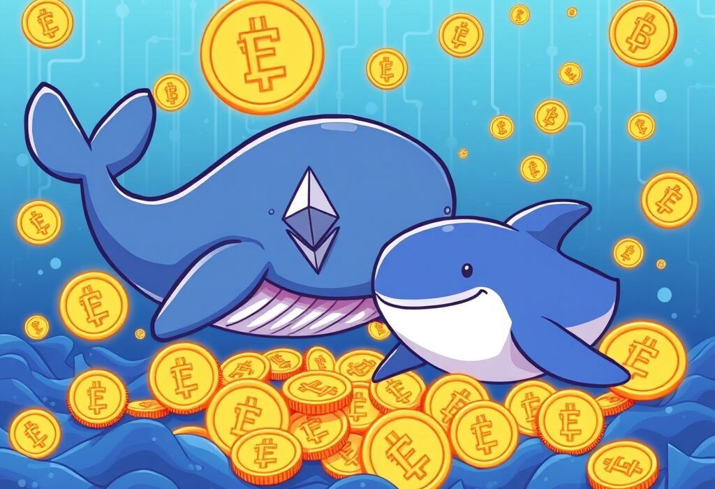 Cartoon illustration of Ethereum whales and sharks accumulating ETH, symbolizing significant market accumulation and investor confidence.