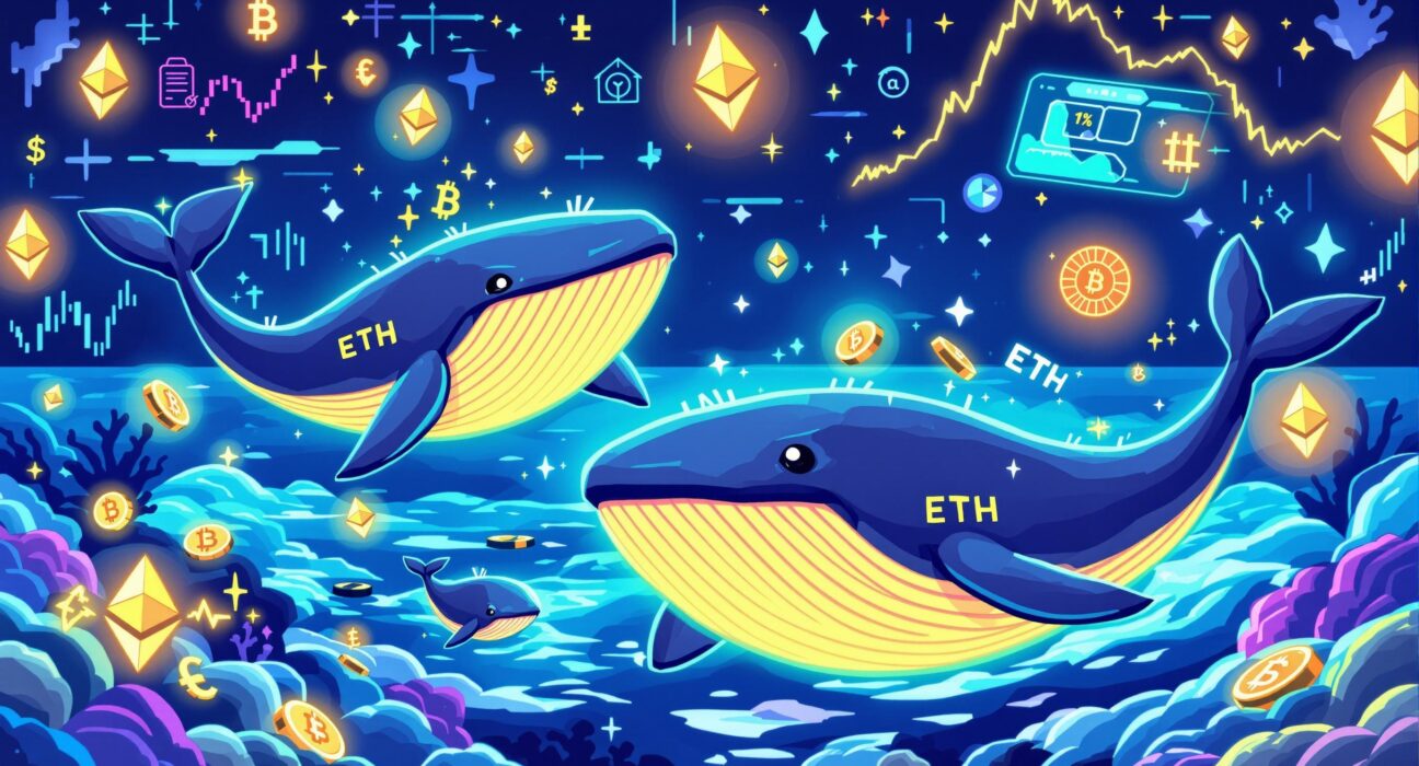 Cartoon illustration depicting powerful Ethereum whales accumulating large amounts of ETH, symbolizing their significant market influence and potential bullish trends.