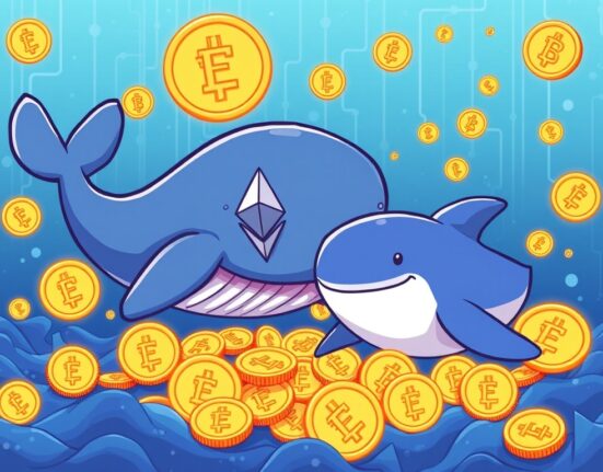Cartoon illustration of Ethereum whales and sharks accumulating ETH, symbolizing significant market accumulation and investor confidence.