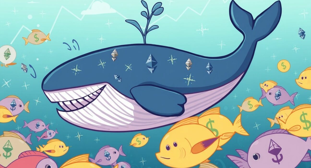 A cartoon whale accumulating Ethereum during a market dip, illustrating the significant investment by Ethereum whales.