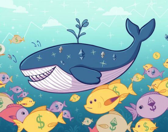 A cartoon whale accumulating Ethereum during a market dip, illustrating the significant investment by Ethereum whales.