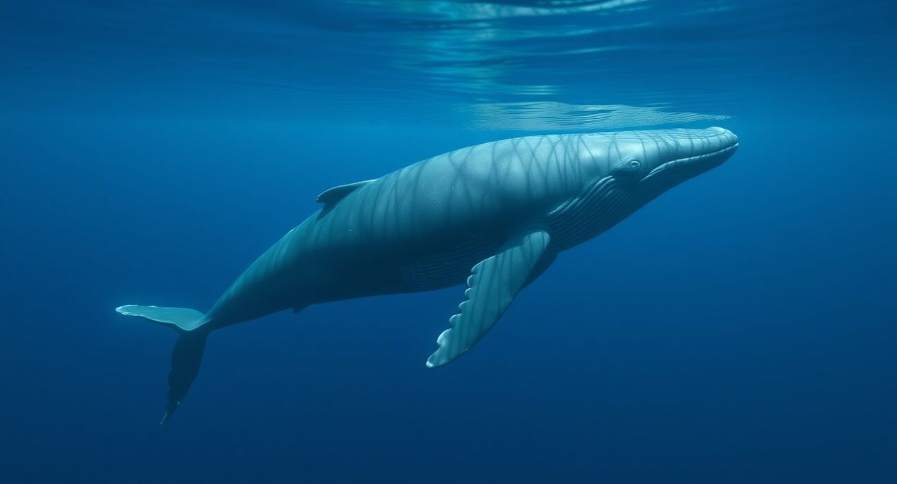 A large whale swimming in deep blue ocean water, representing Ethereum whale investors facing losses.