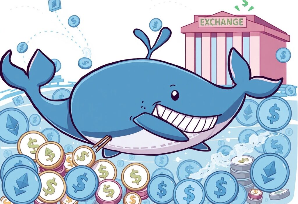 Cartoon illustration showing Ethereum whales withdrawing ETH from exchanges, indicating bullish sentiment and significant ETH withdrawals.