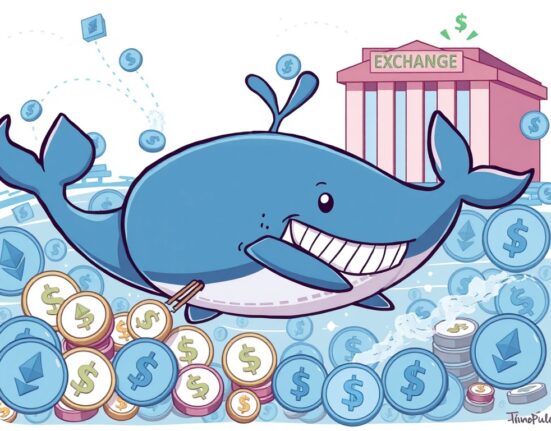 Cartoon illustration showing Ethereum whales withdrawing ETH from exchanges, indicating bullish sentiment and significant ETH withdrawals.