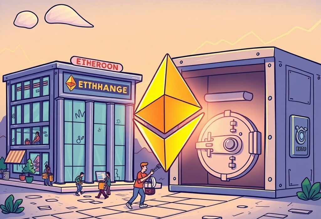 A cartoon showing a large Ethereum symbol being moved from an exchange, representing significant Ethereum withdrawals and a strong holder sentiment.