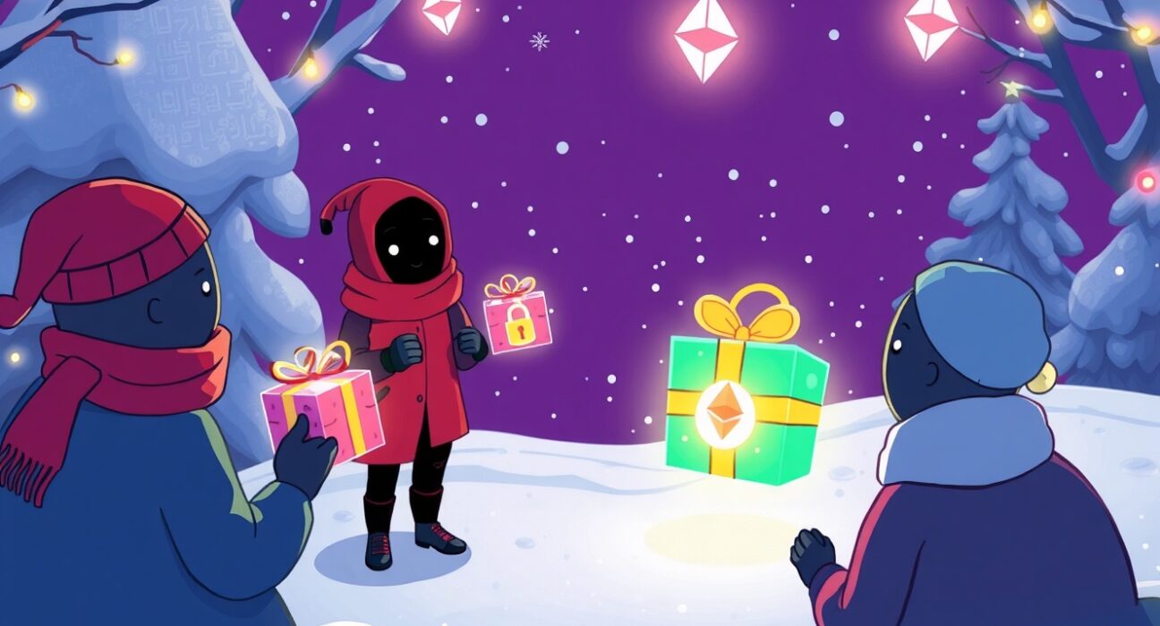 A vibrant cartoon of Ethereum's anonymous ZK-based Secret Santa system facilitating private digital gift exchanges.