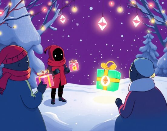 A vibrant cartoon of Ethereum's anonymous ZK-based Secret Santa system facilitating private digital gift exchanges.