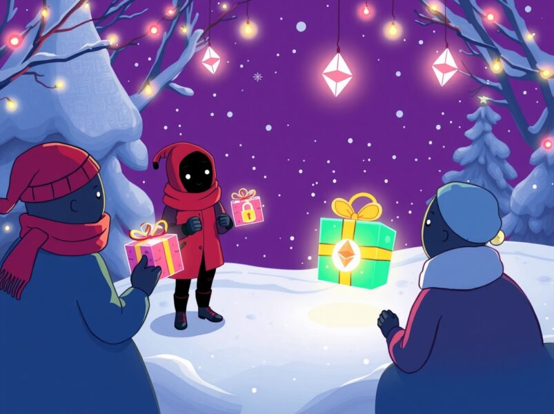 A vibrant cartoon of Ethereum's anonymous ZK-based Secret Santa system facilitating private digital gift exchanges.