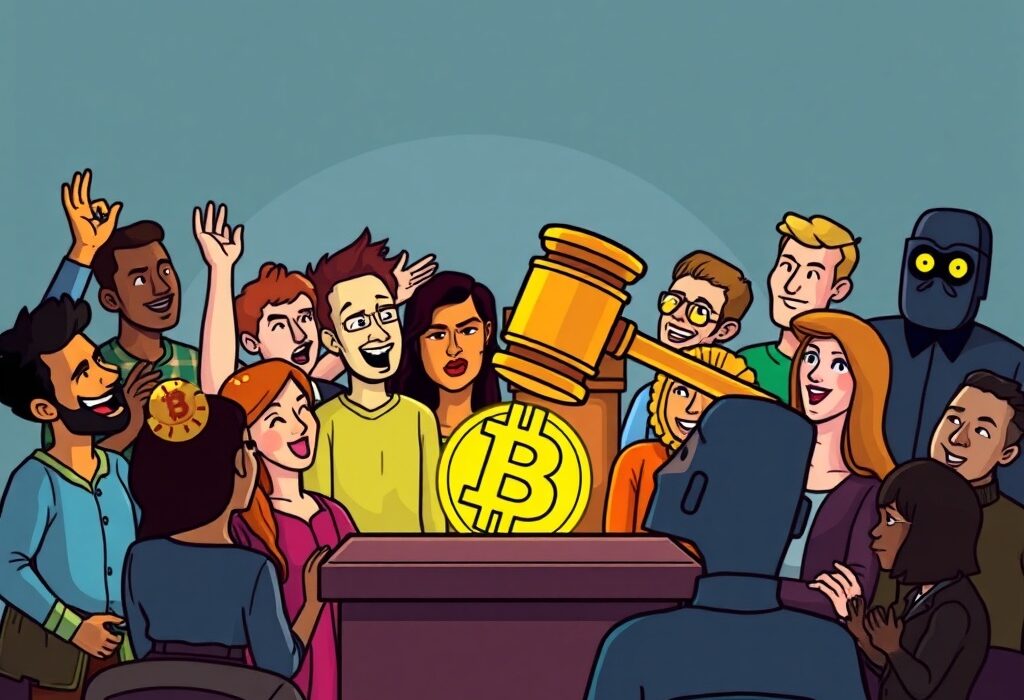 A cartoon illustration depicting a legal victory for EthereumMax investors, symbolizing accountability in crypto legal action.