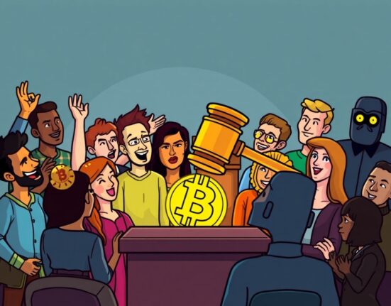 A cartoon illustration depicting a legal victory for EthereumMax investors, symbolizing accountability in crypto legal action.