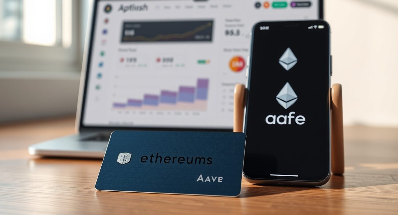 EtherFi Cash credit card and smartphone with Aave logo in a DeFi-themed setting
