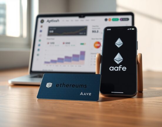 EtherFi Cash credit card and smartphone with Aave logo in a DeFi-themed setting