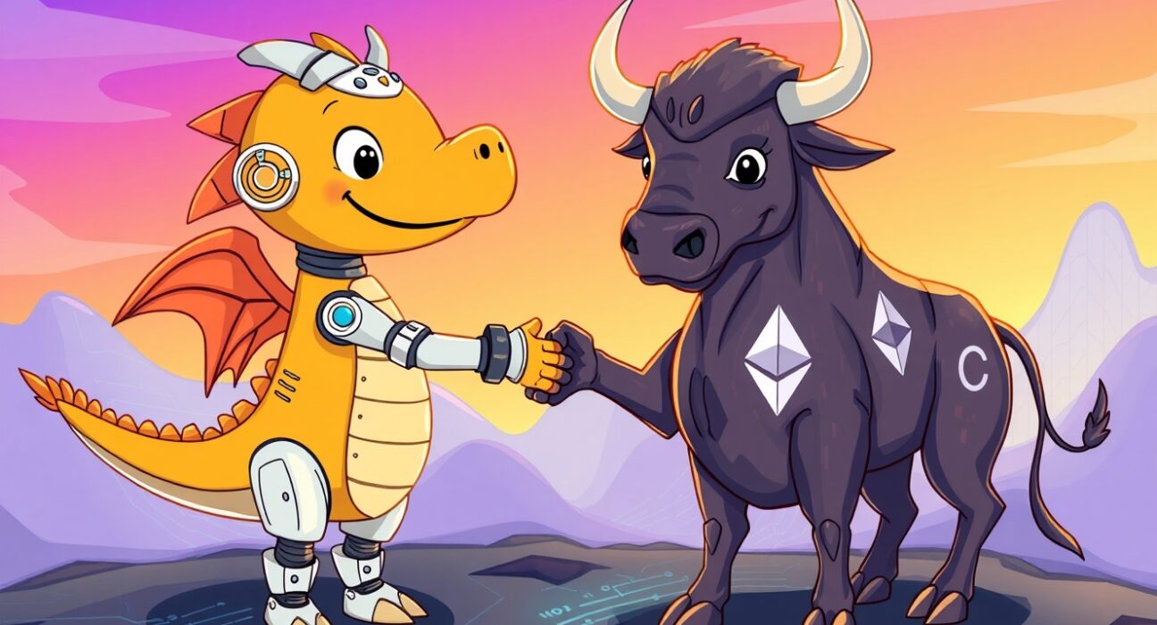 A vibrant cartoon of EtherZilla's bull and Karus's AI robot partnering, symbolizing the strategic stake acquisition for future innovation.