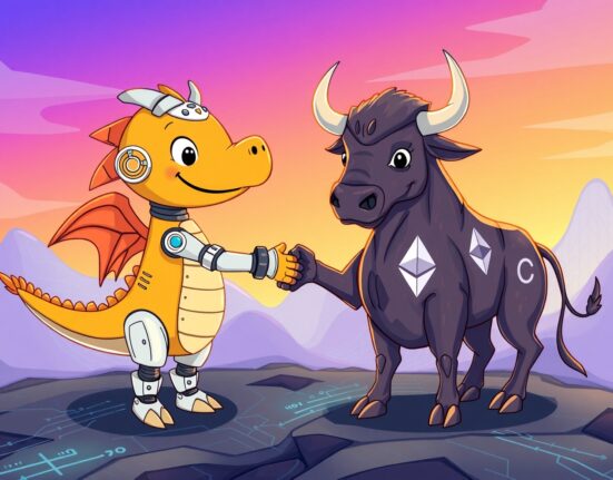 A vibrant cartoon of EtherZilla's bull and Karus's AI robot partnering, symbolizing the strategic stake acquisition for future innovation.