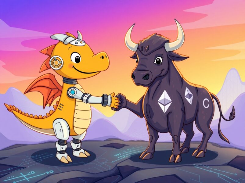A vibrant cartoon of EtherZilla's bull and Karus's AI robot partnering, symbolizing the strategic stake acquisition for future innovation.