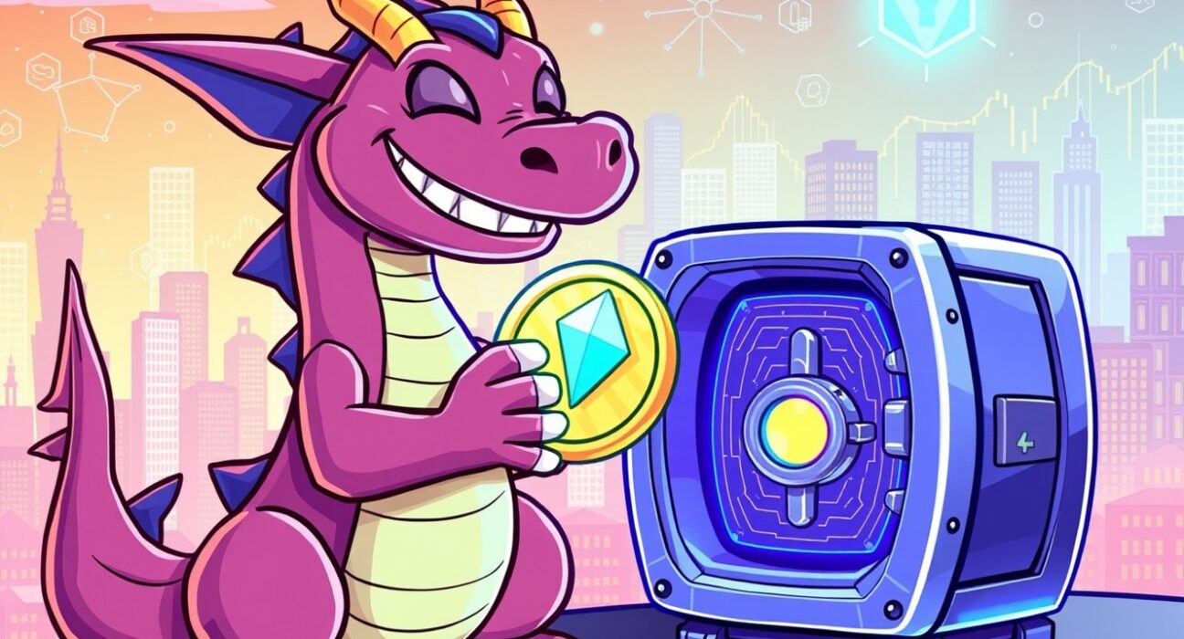 A powerful dragon invests a glowing coin into a secure vault, symbolizing Etherzilla's stake in Zippy lending platform.