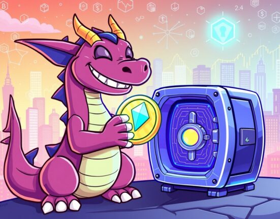 A powerful dragon invests a glowing coin into a secure vault, symbolizing Etherzilla's stake in Zippy lending platform.