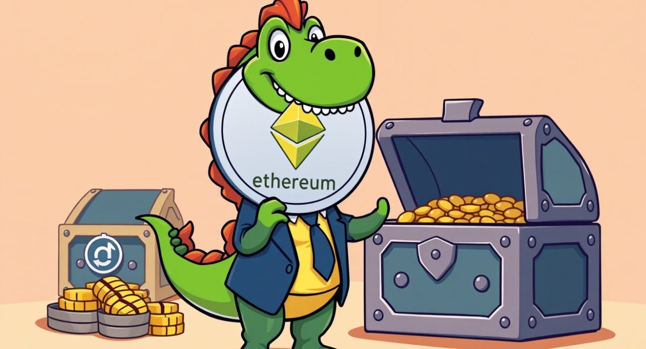 Etherzilla ETH holdings shown through cartoon dinosaur guarding Ethereum treasure