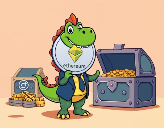 Etherzilla ETH holdings shown through cartoon dinosaur guarding Ethereum treasure