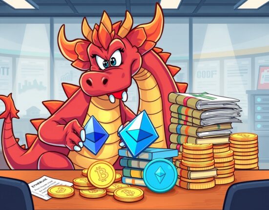 Etherzilla ETH sale depicted as a cartoon dragon exchanging crypto for real-world asset documents, symbolizing strategic pivot to RWA tokenization.