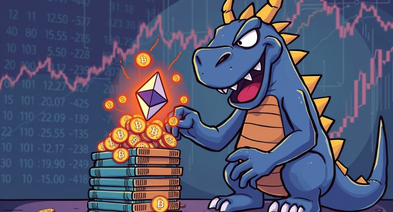 A cartoon illustration showing EtherZilla conducting a strategic EtherZilla ETH sale for a share buyback.