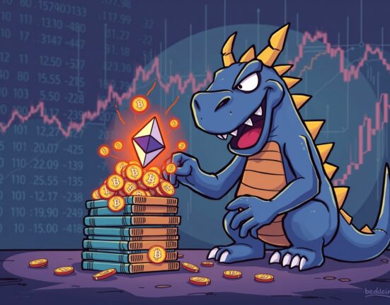 A cartoon illustration showing EtherZilla conducting a strategic EtherZilla ETH sale for a share buyback.