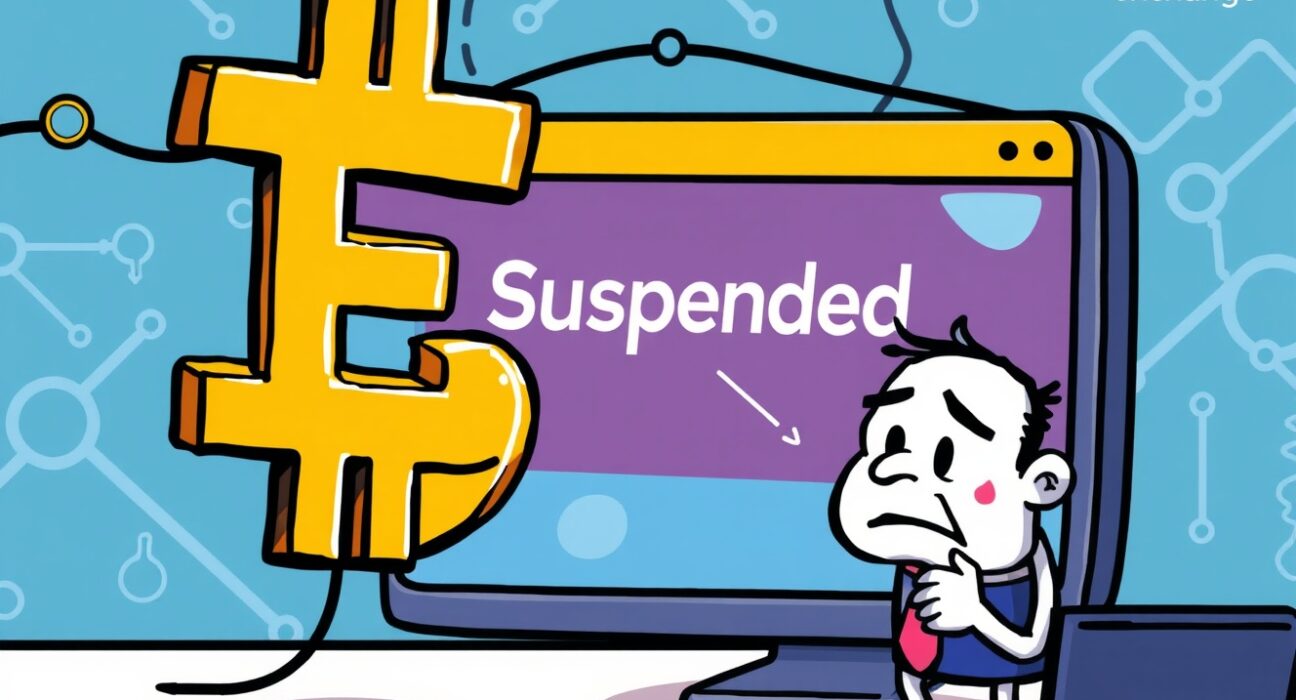 Cartoon illustration showing a user frustrated by suspended ETHF withdrawals on a crypto exchange platform.
