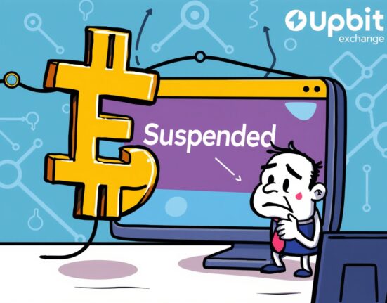 Cartoon illustration showing a user frustrated by suspended ETHF withdrawals on a crypto exchange platform.