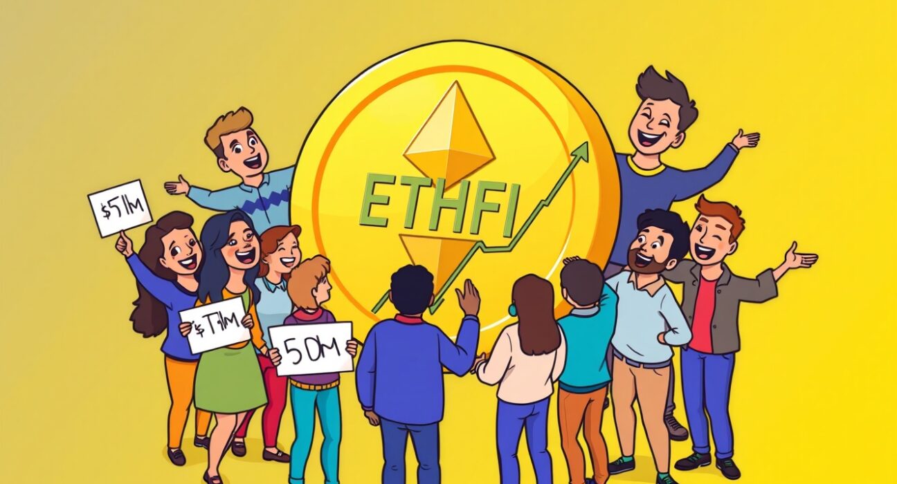 Cartoon illustration showing the Ether.fi community celebrating an ETHFI buyback proposal, symbolizing a strategic move to boost ETHFI token value.