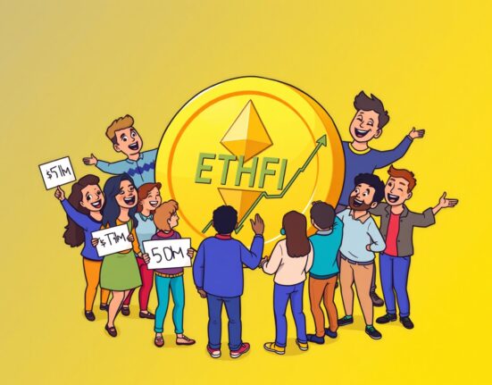 Cartoon illustration showing the Ether.fi community celebrating an ETHFI buyback proposal, symbolizing a strategic move to boost ETHFI token value.
