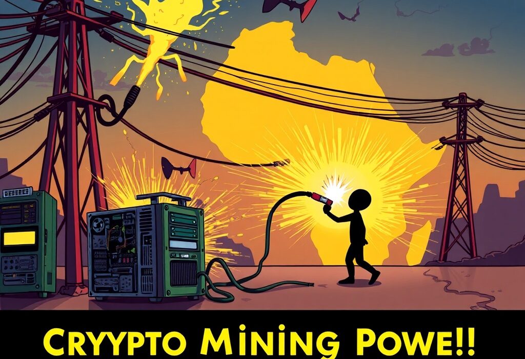 Cartoon depicting Ethiopia crypto mining operations being impacted by a power grid struggling with electricity shortage, symbolizing the halt of new permits.