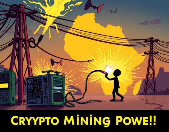 Cartoon depicting Ethiopia crypto mining operations being impacted by a power grid struggling with electricity shortage, symbolizing the halt of new permits.