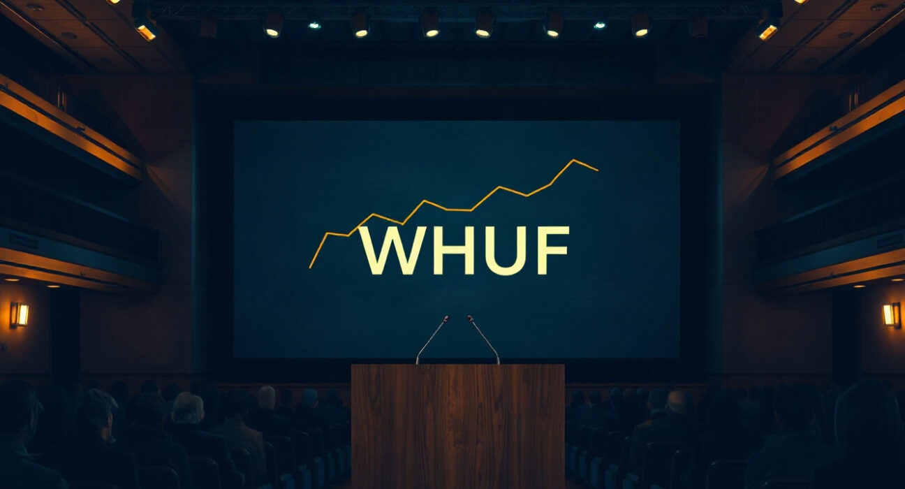 Ethos Network WHUF token auction event with digital display showing token metrics
