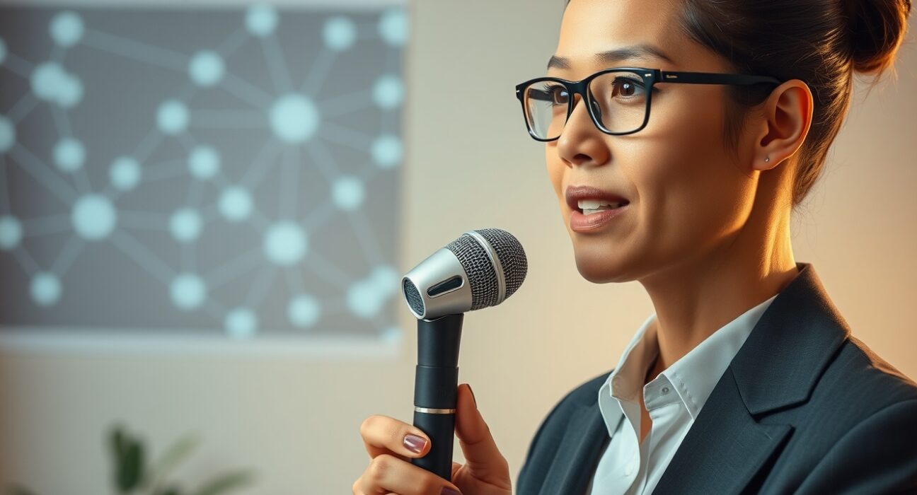 Professional speaking into microphone in modern office with AI network visualization in background